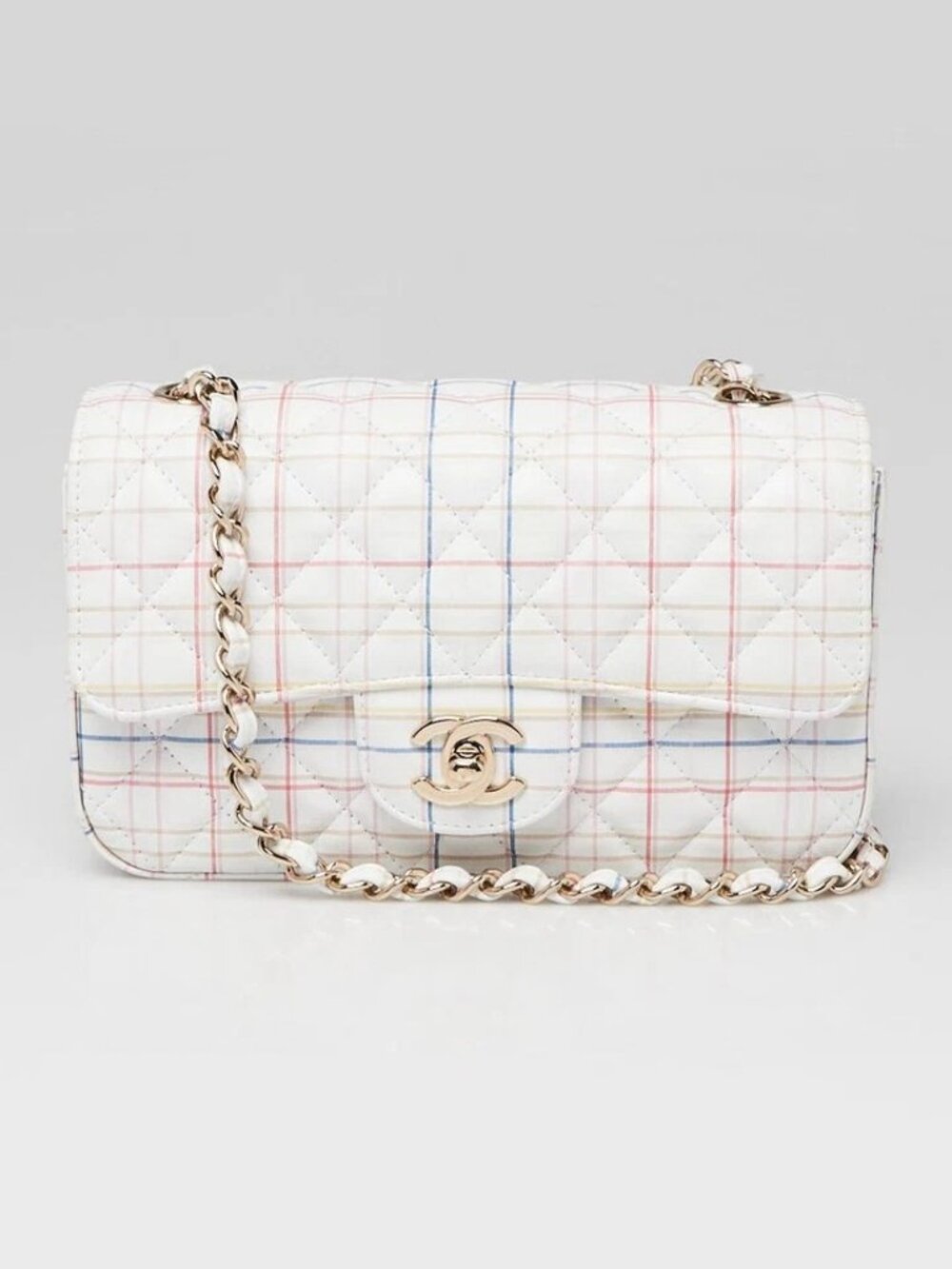Chanel White Multicolor Quilted Leather Plaid Printed Single Flap Bag
